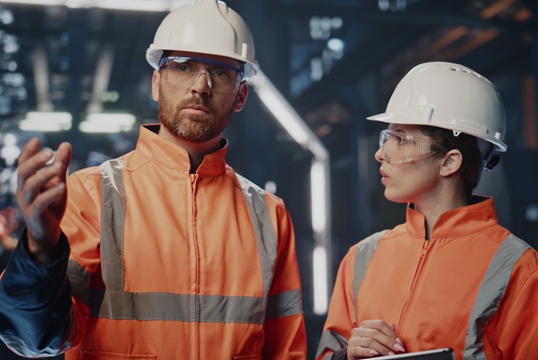 Plant engineer showing modern production facility to woman with tablet close up.