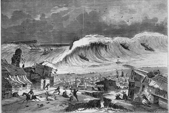 Imagen de portada de dominio público: Representación del terremoto de 1868, grabado en madera, publicado el 9 de noviembre de 1968 por The Illustrated Melbourne Post.